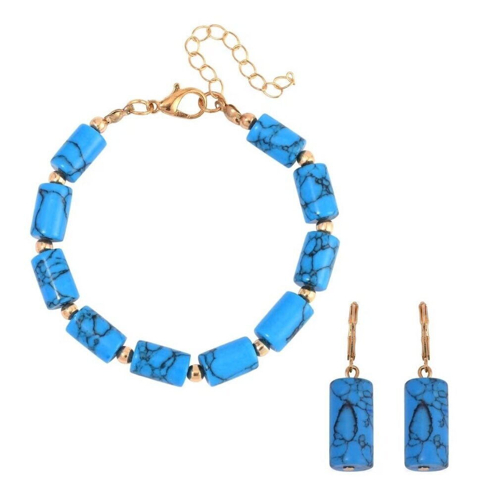 Blue Howlite Bracelet and Lever Back Earrings Set in Goldtone
